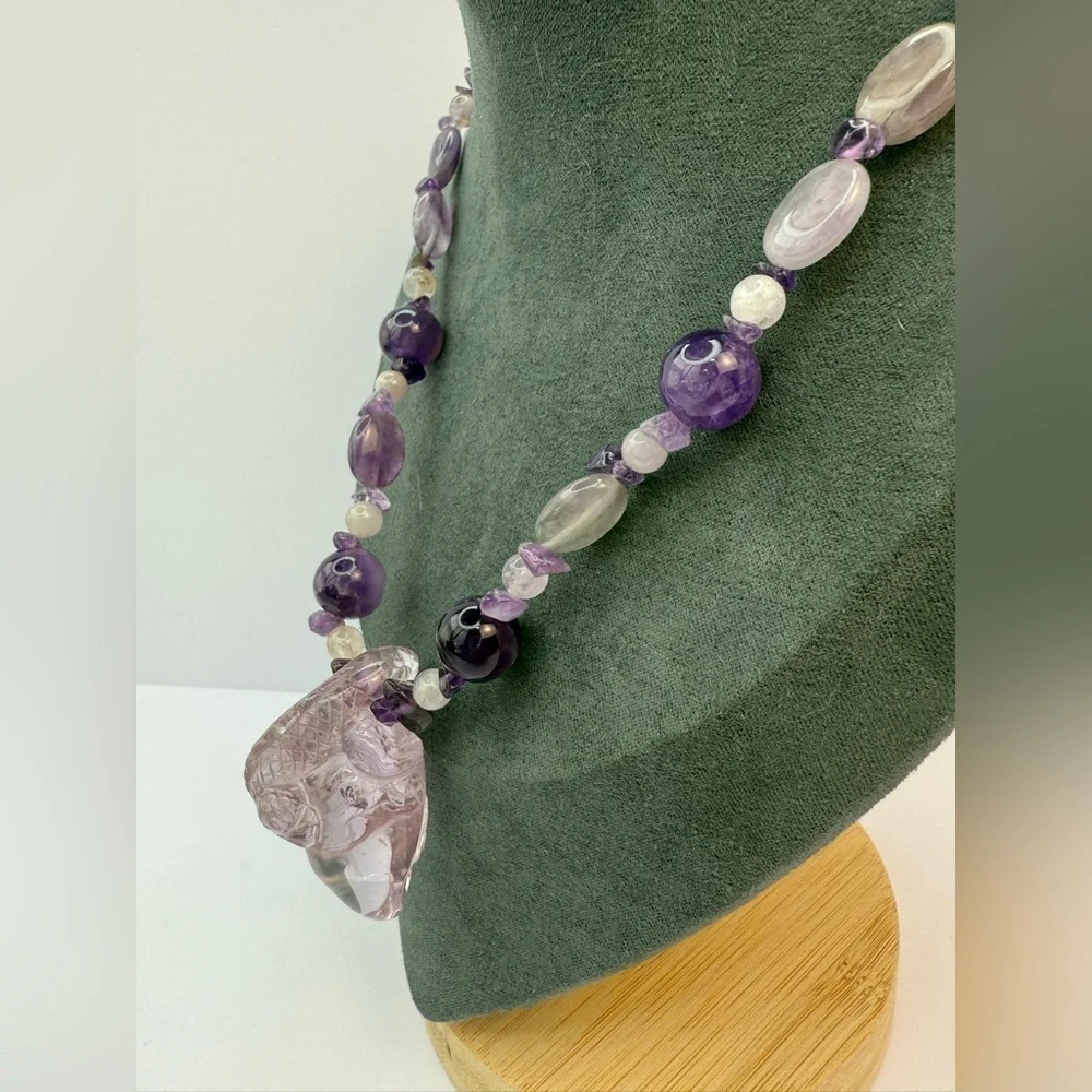 Carved amethyst lizard pendant with amethyst rock crystal necklace